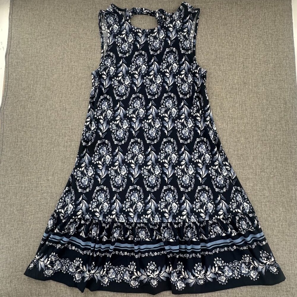 NEW! LOFT Swing Dress XS Blue Floral‎ Ruffled Hem Sleeveless Round Neck